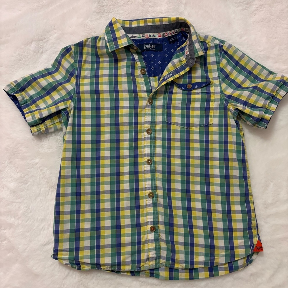 Ted Baker | Boys plaid short sleeve button up shirt yellow blue green spring